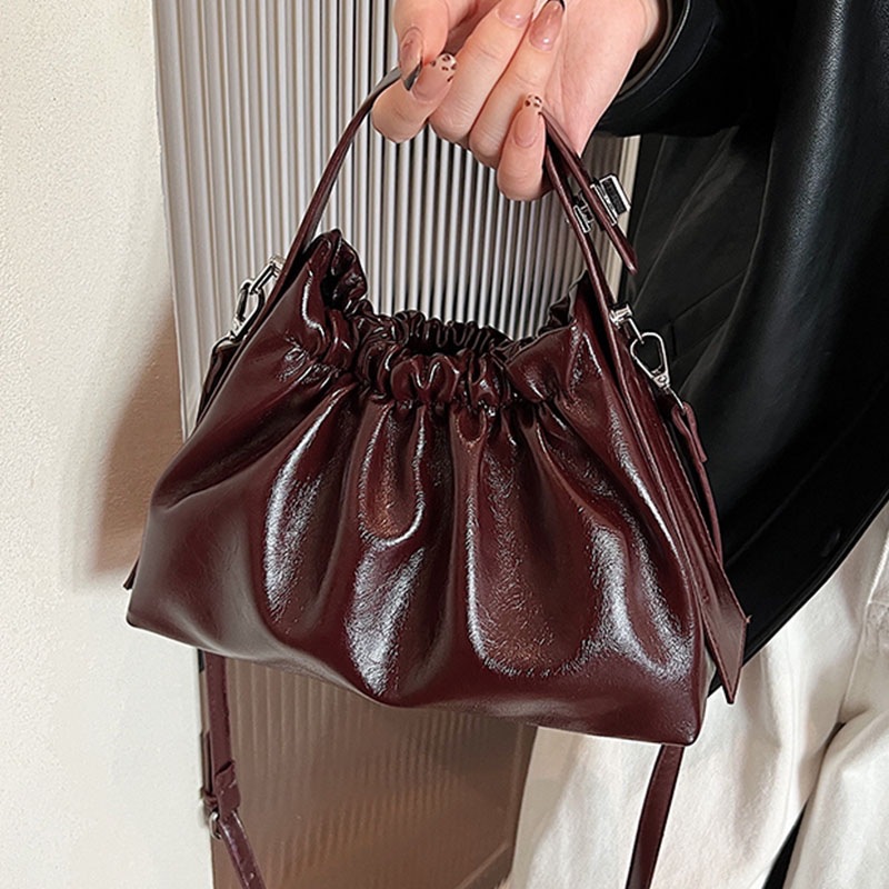 Top Handle Patent Bag - Kadınlar için Bordo Büzgülü Bulut Çanta,