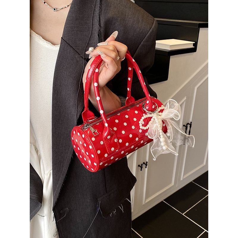 Top Handle Patent Bag - Kadınlar için Sevimli Puantiyeli Çanta, İnci