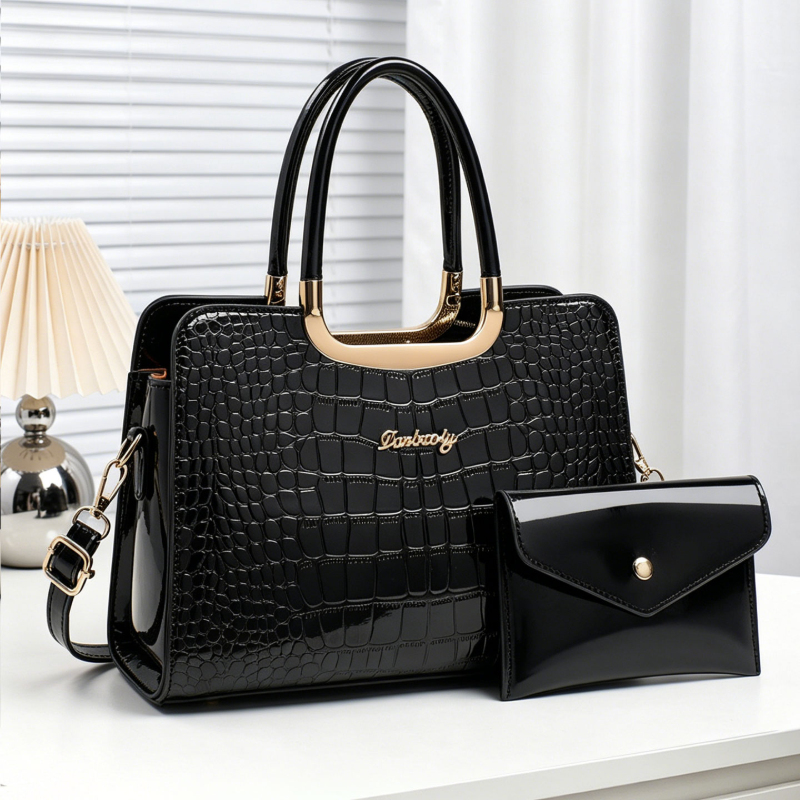 Top Handle Patent Bag - 2 parçalı kadın çanta seti, timsah