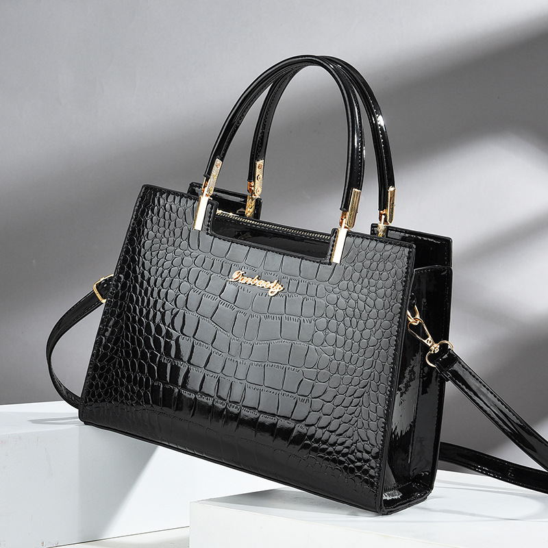 Top Handle Patent Bag - Timsah kabartmalı Tote çanta, rugan düz
